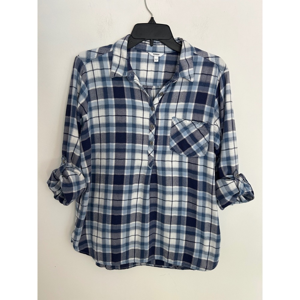 Sonoma Goods For Life Womens Blue Plaid Henley Roll Tab Sleeve Shirt Large‎ soft